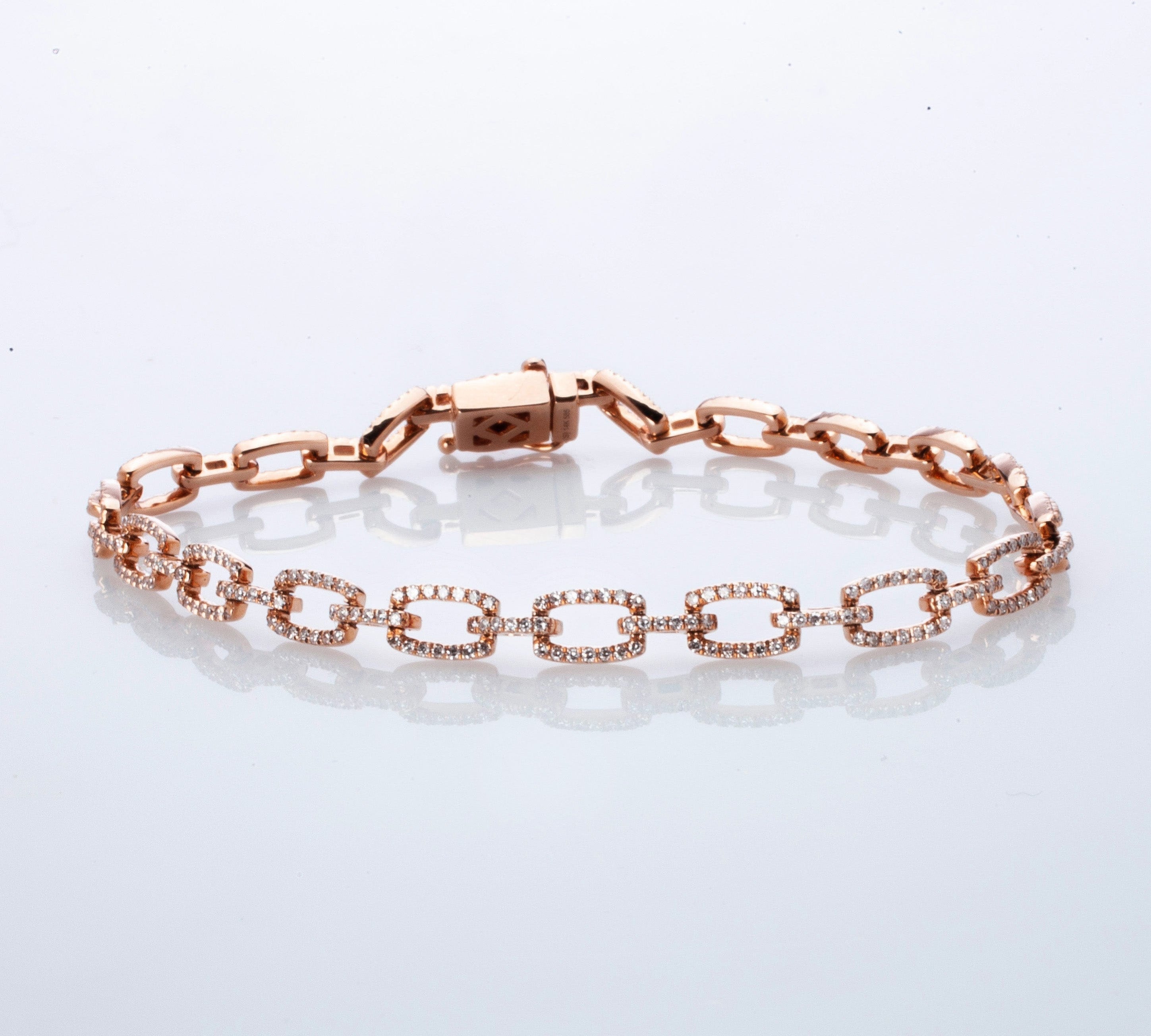 Bracelets 6" / Rose Gold 14K Gold Flat Open Round Link Micro-Pave Diamonds