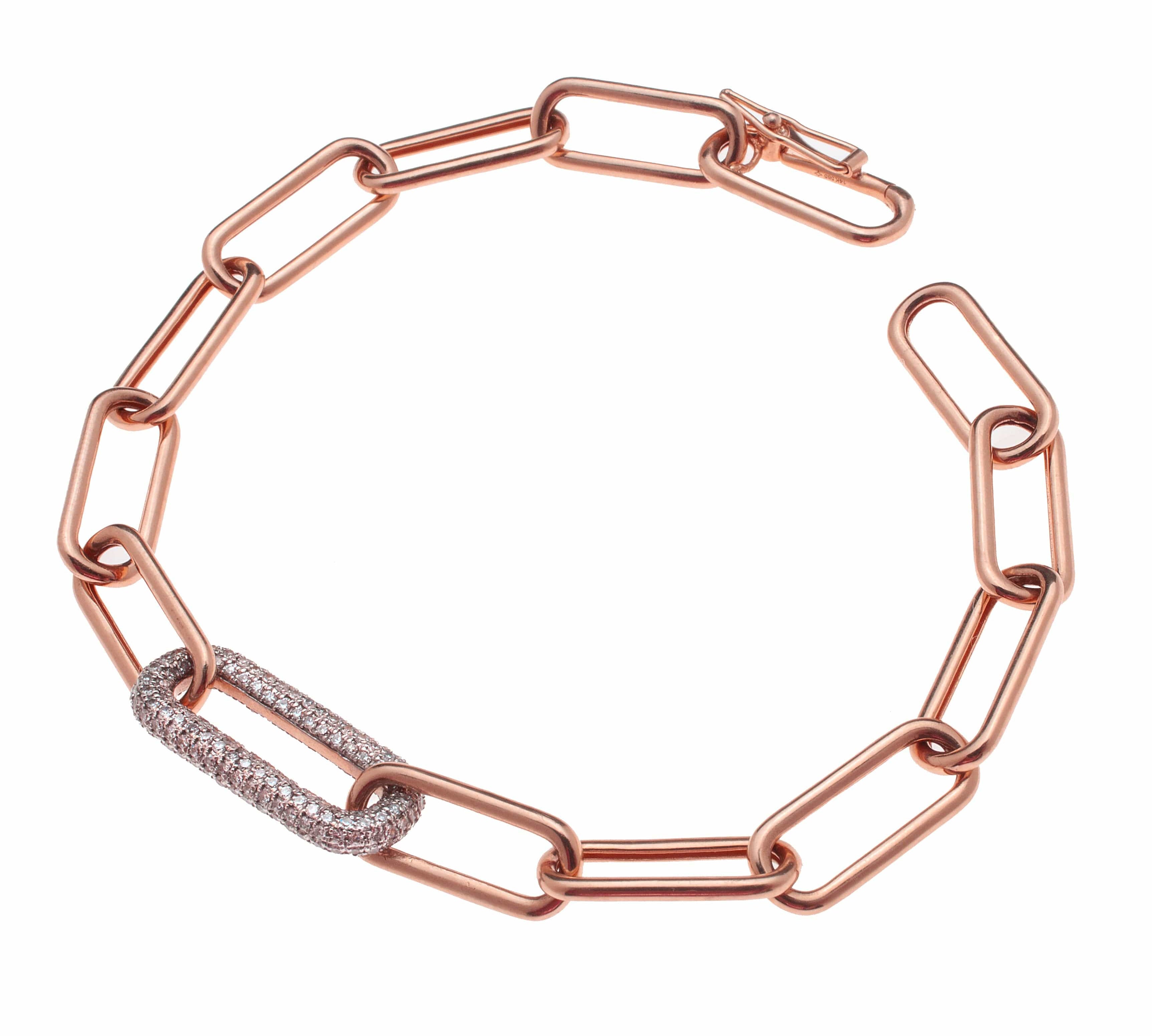 Bracelets 6" / Rose Gold 14K Paper Clip Bracelet with One Large Micro-Pave Diamond Link