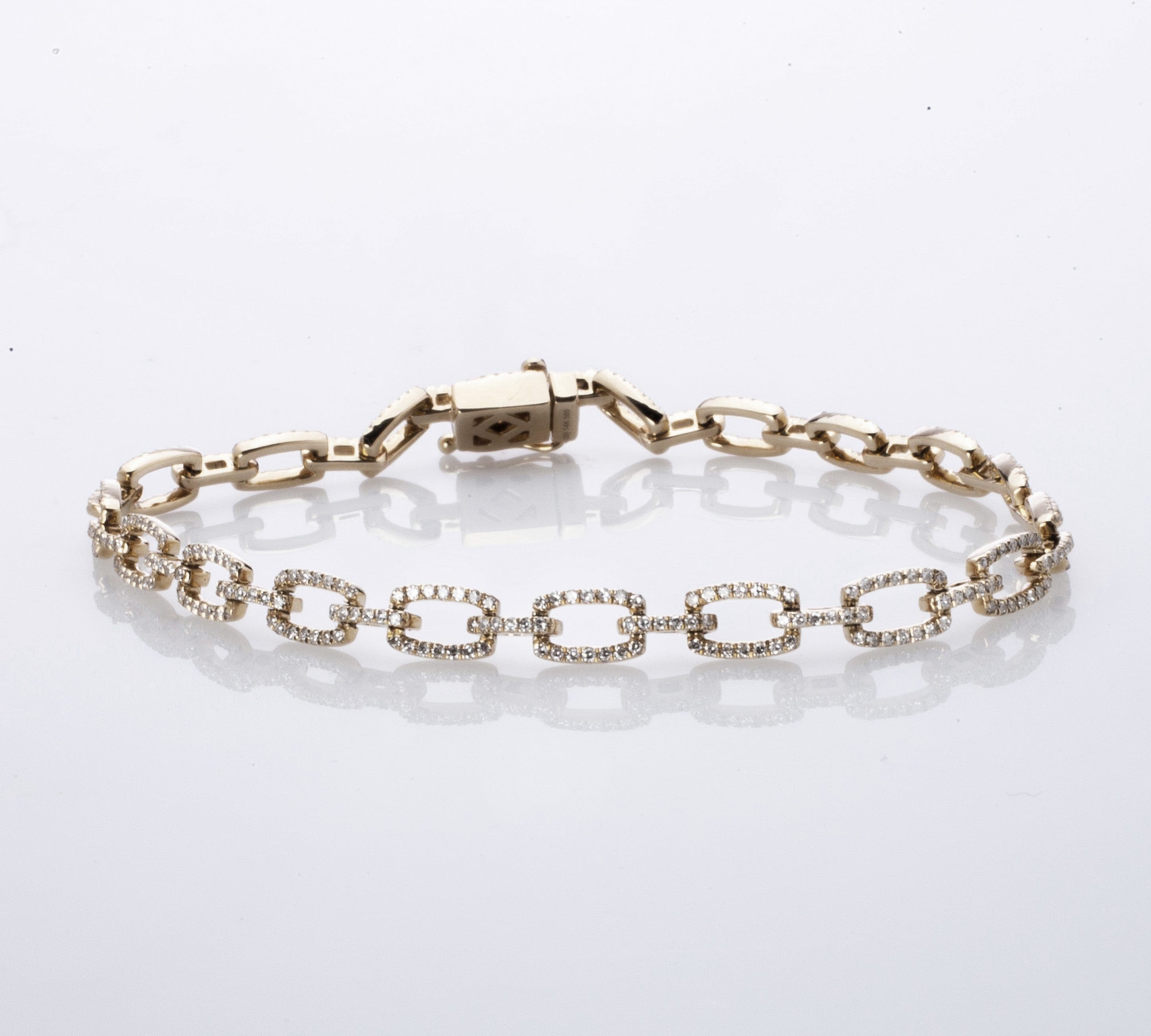 Bracelets 6" / White Gold 14K Gold Flat Open Round Link Micro-Pave Diamonds