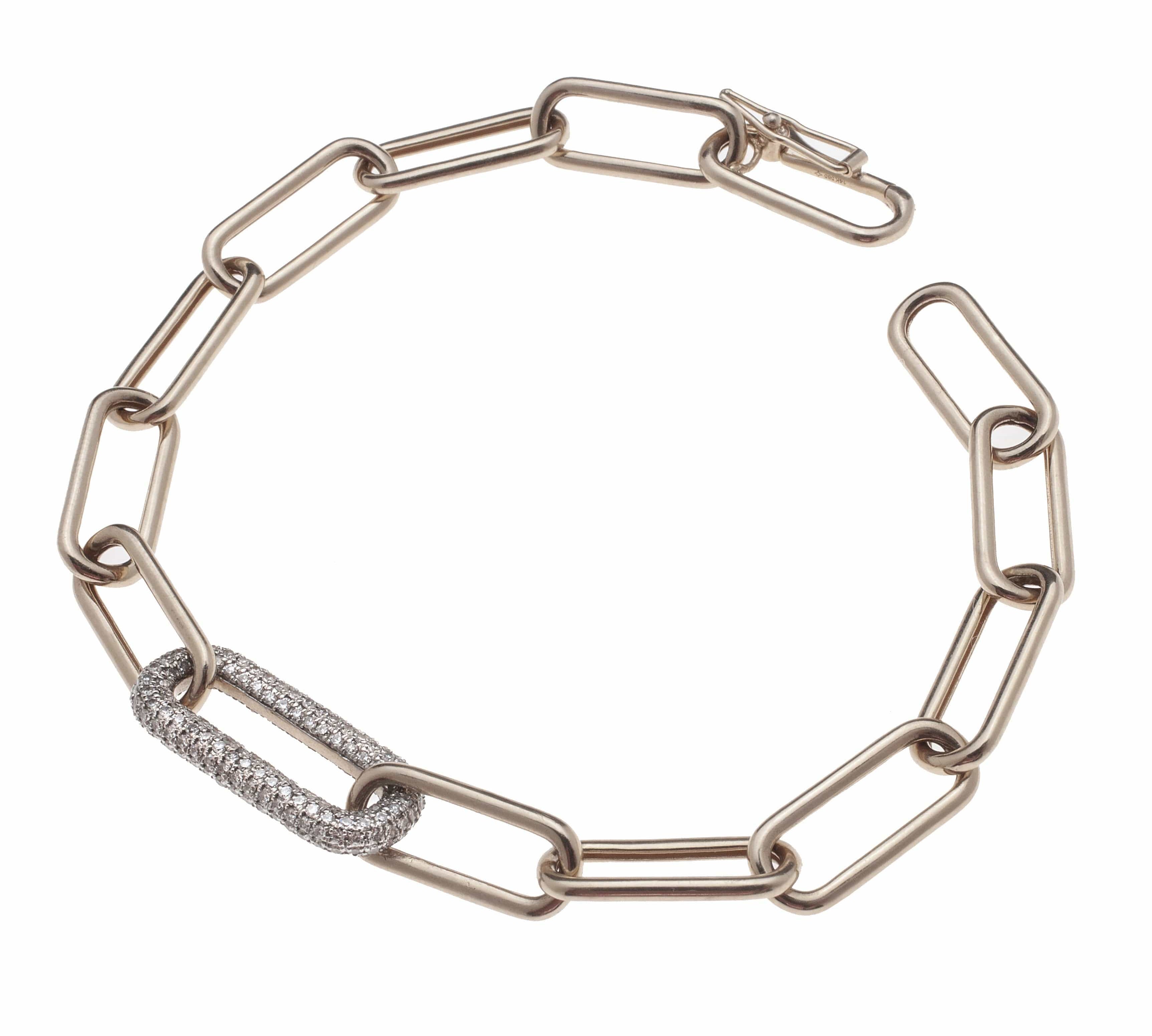 Bracelets 6" / White Gold 14K Paper Clip Bracelet with One Large Micro-Pave Diamond Link