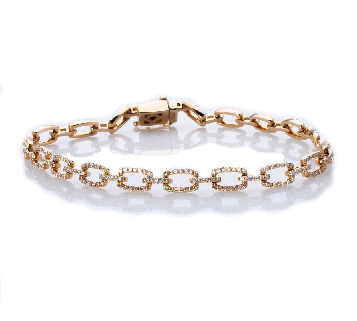 Bracelets 6" / Yellow Gold 14K Gold Flat Open Round Link Micro-Pave Diamonds