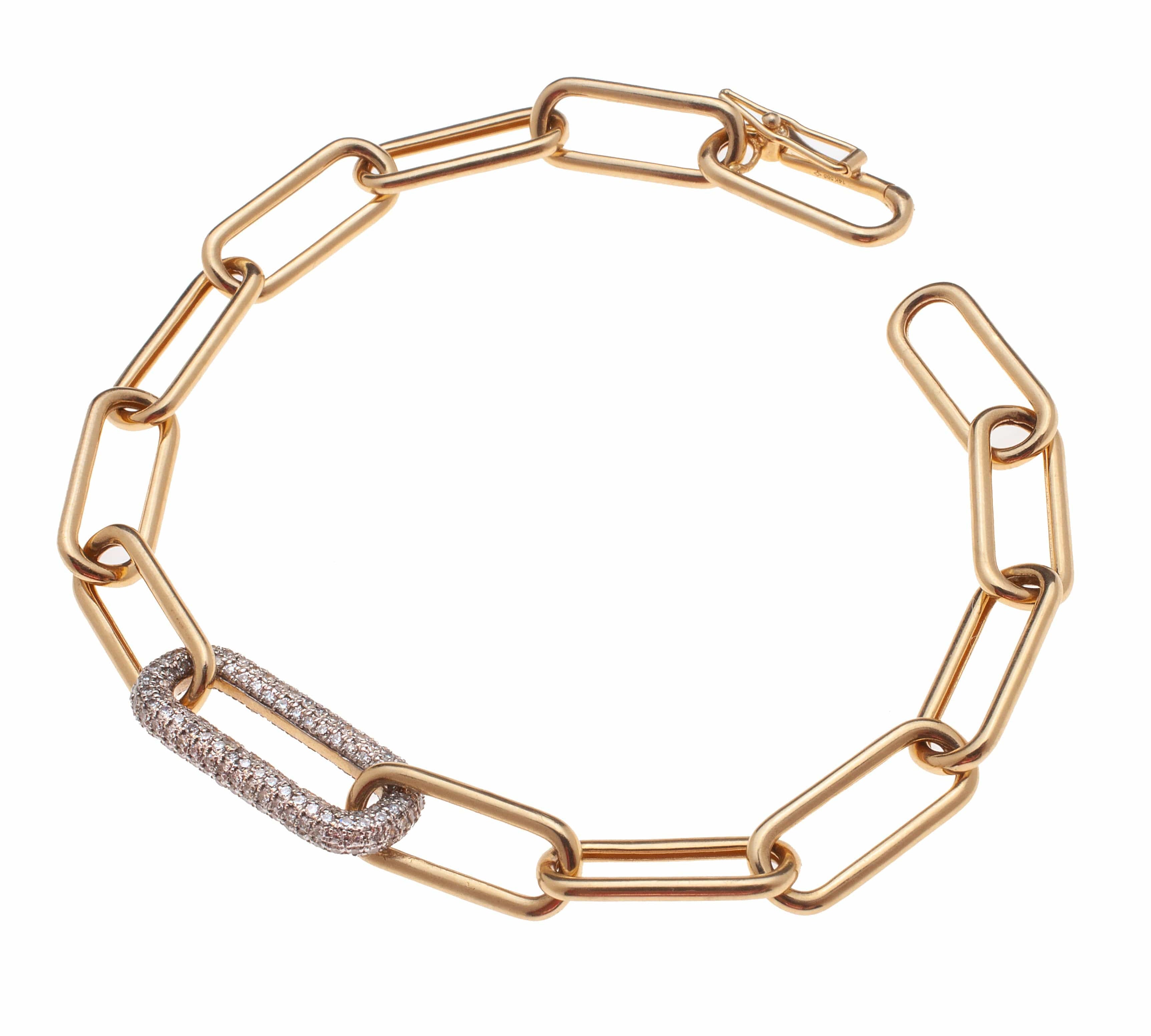 Bracelets 6" / Yellow Gold 14K Paper Clip Bracelet with One Large Micro-Pave Diamond Link