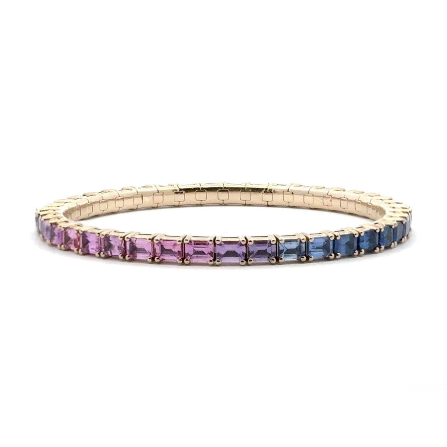 Bracelets XS:  45mm / Yellow Gold / 8.2-10.6 Carats Emerald Cut Diamonds TW 18K Gold Stretch Emerald Cut Ombre Blue and Pink Sapphire Tennis Bracelet