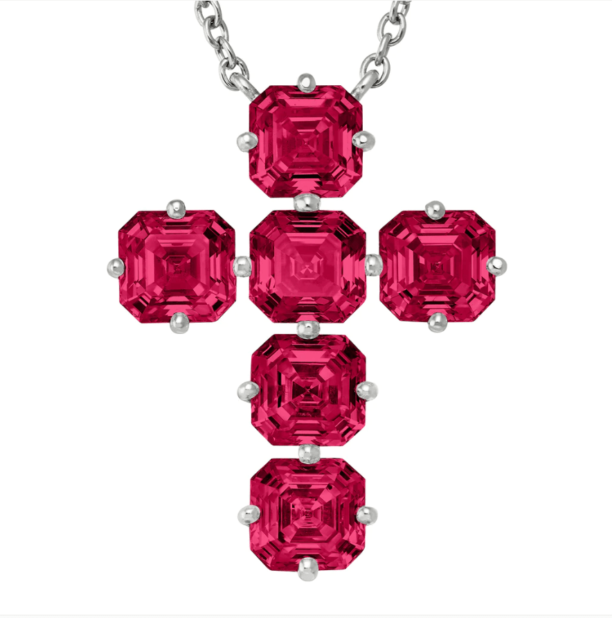 Charms & Pendants Mozambique Ruby Asscher Cut Cross in Solid 18K Gold