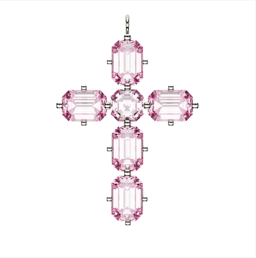 Charms & Pendants Pink Sapphire Emerald & Asscher Cut Cross  in Solid 18K Gold