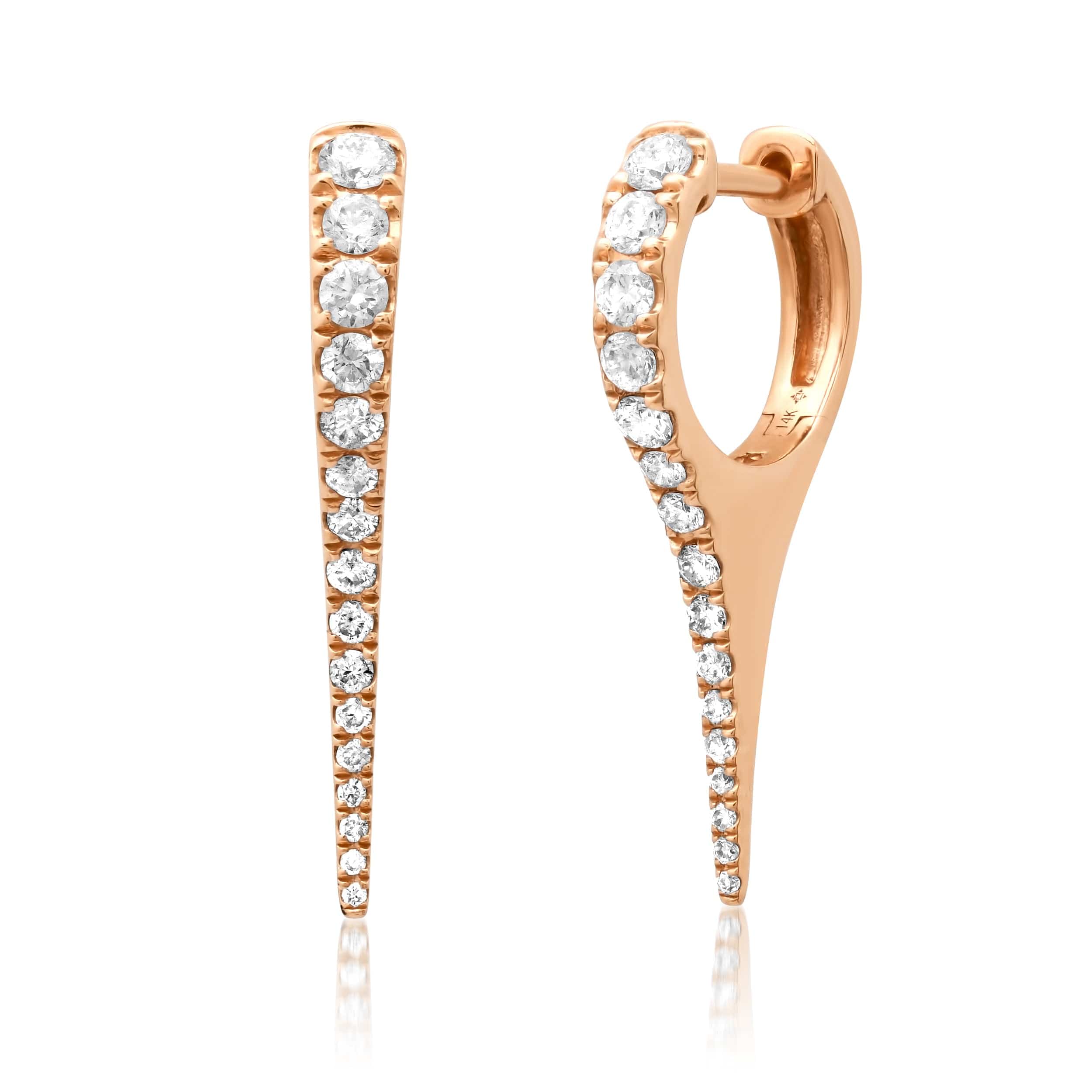 Earrings 14K Gold and Diamond Dagger Hoops Earrings, Large, Single Row Diamonds