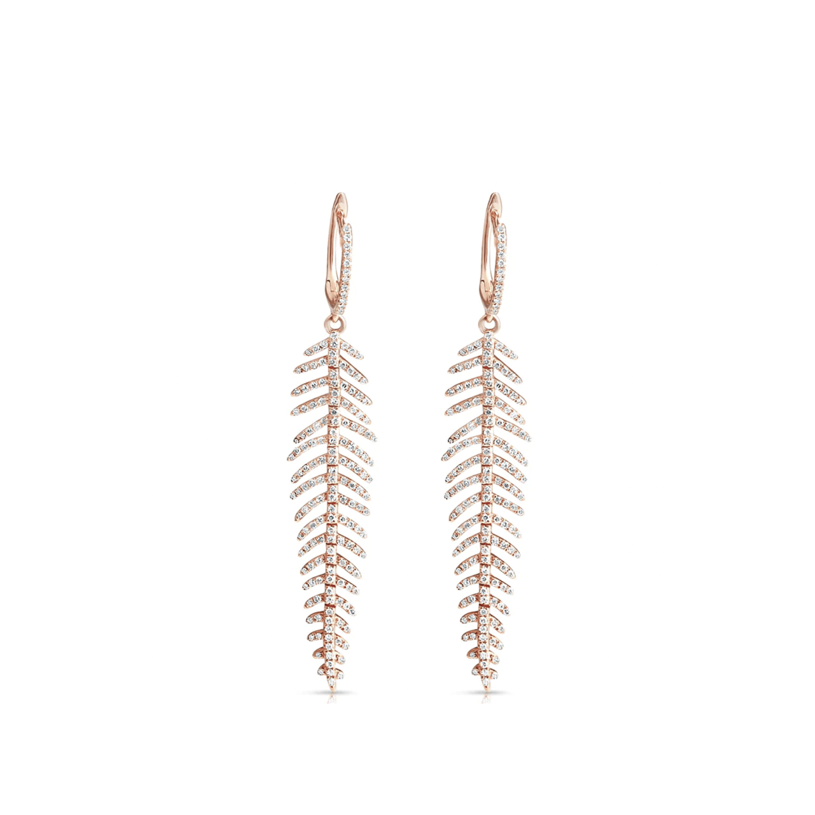 Earrings 14K Gold and Diamond Feather Drop Earrings