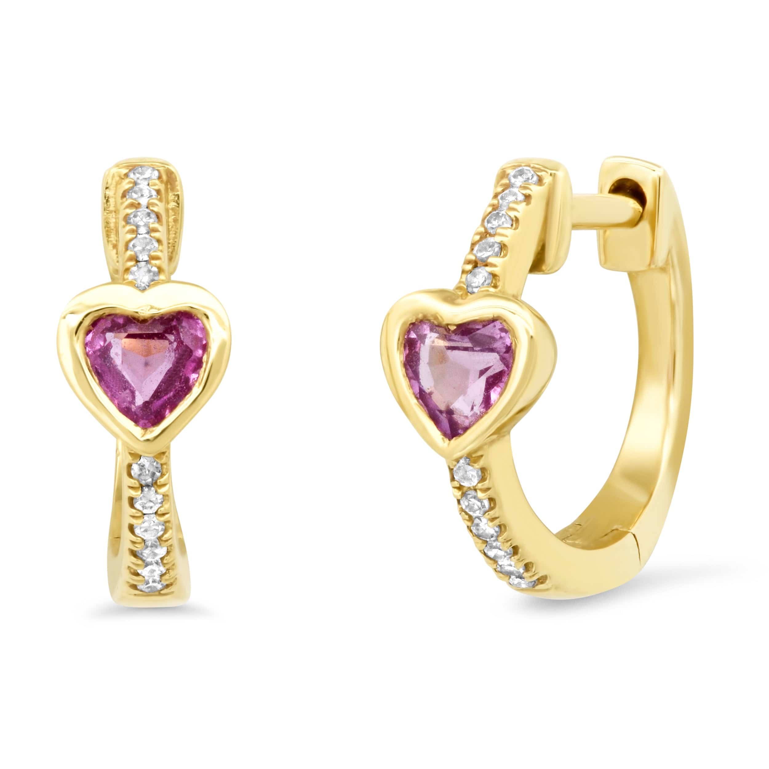 Earrings 14K Gold and Diamond Pink Sapphire Heart Huggie Hoops Earrings