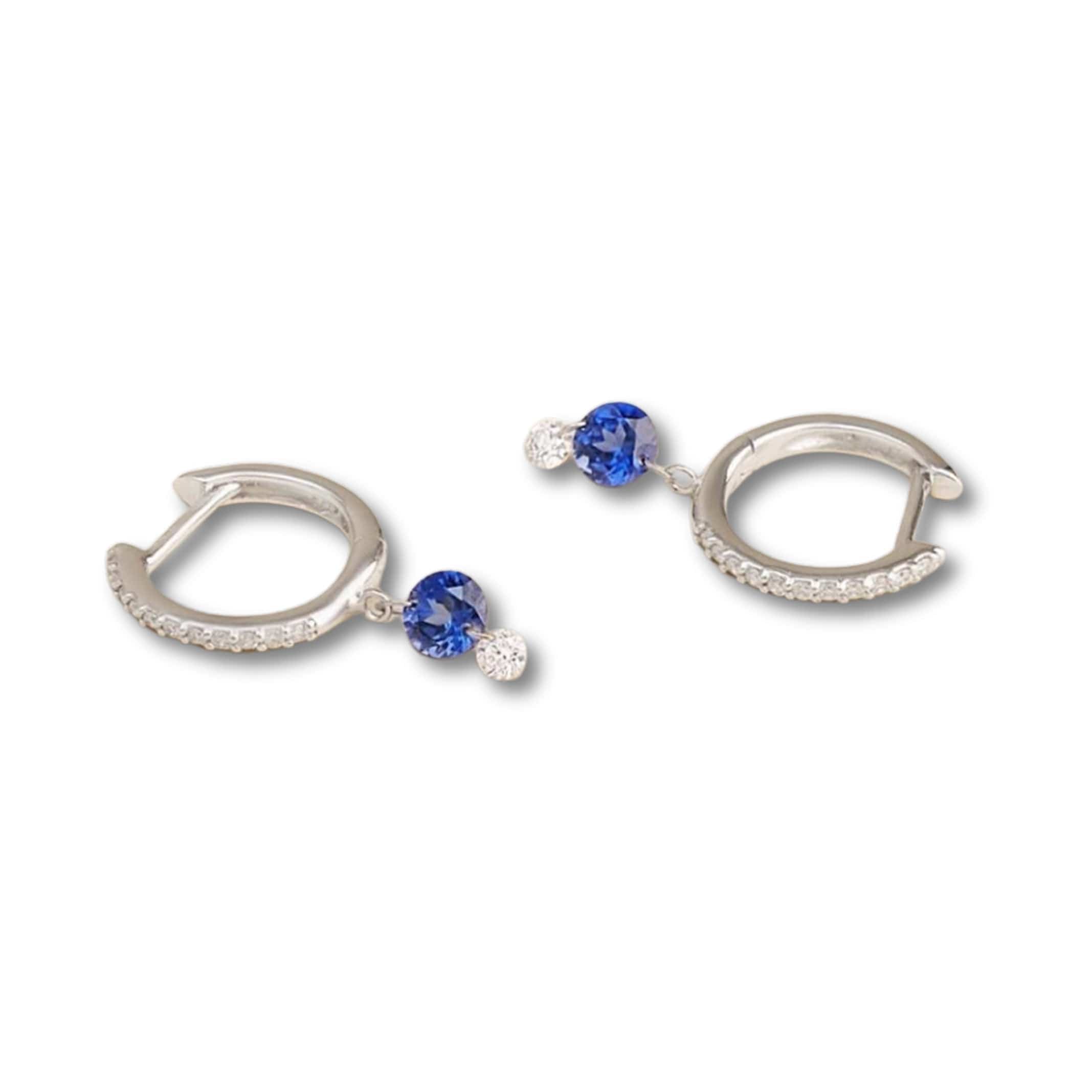 Earrings 14K Gold Drilled Blue Sapphire and Pave Diamond Huggie Hoops Earrings