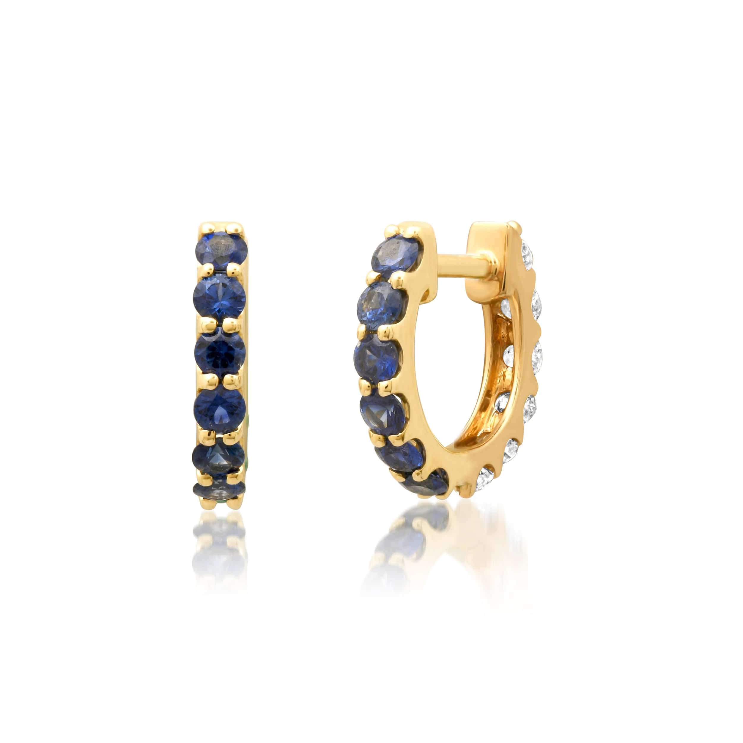 Earrings 14K Gold Half & Half Blue Sapphire & Diamond Huggie Hoops Earrings