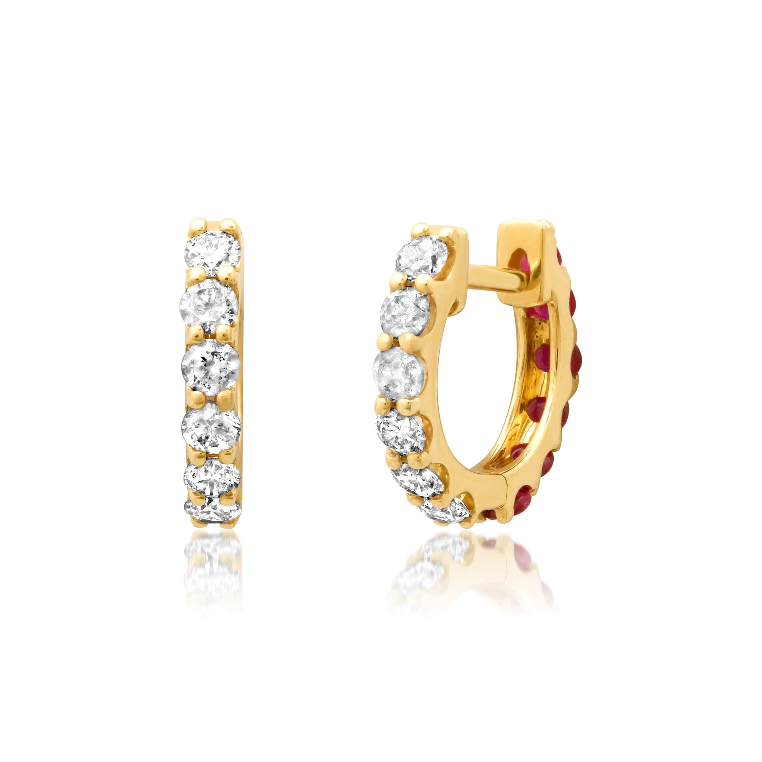 Earrings 14K Gold Half & Half Ruby & Diamond Huggie Hoops Earrings