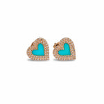 Earrings 14K Gold Turquoise and Diamond Double Row Heart Stud Earrings