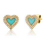 Earrings 14K Gold Turquoise and Diamond Double Row Heart Stud Earrings