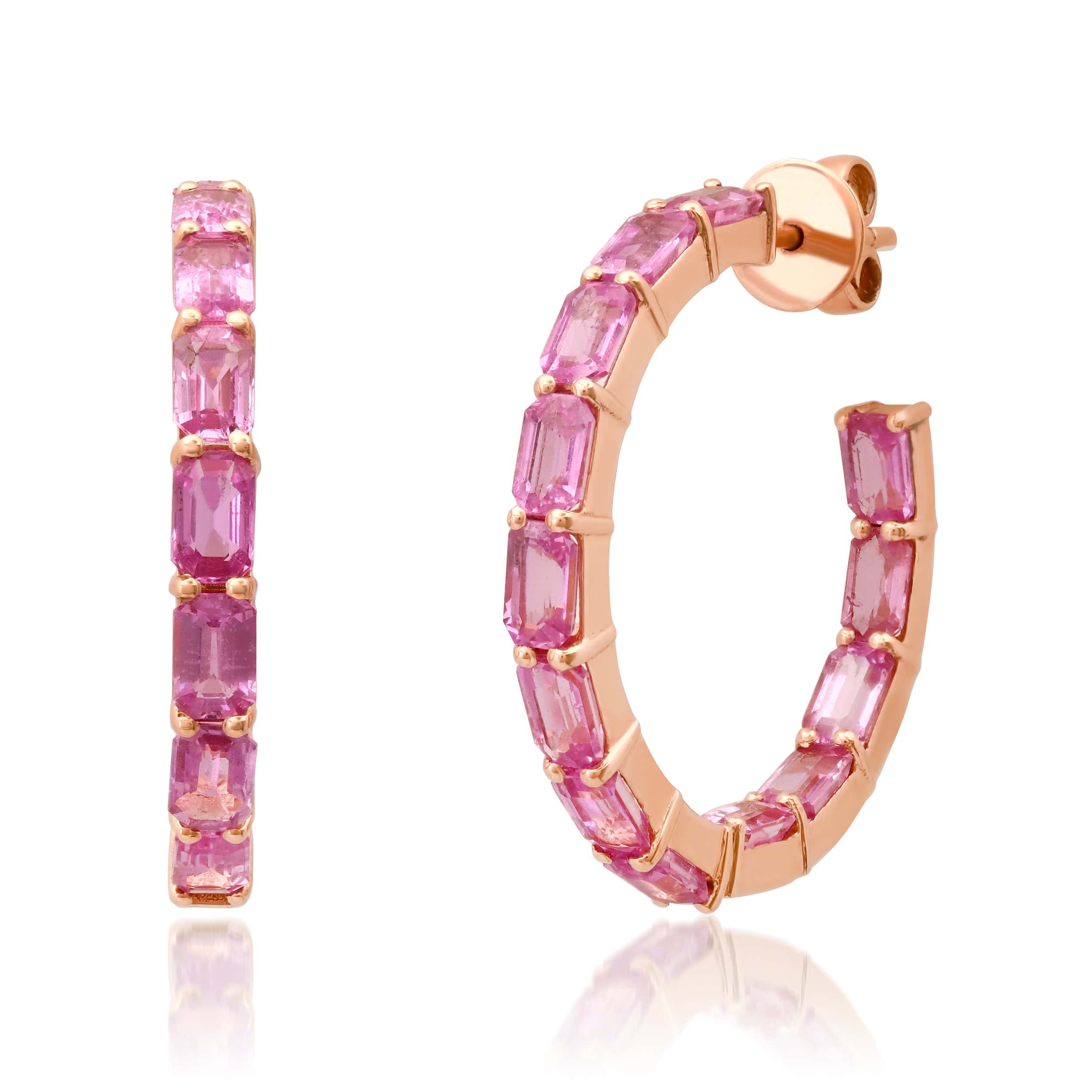 Earrings Rose Gold 14K & 18K Gold Pink Sapphire Inside Outside Hoop Earrings