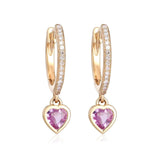 Earrings Rose Gold 14K Gold and Diamond Pink Sapphire Heart Drop Hoops Earrings