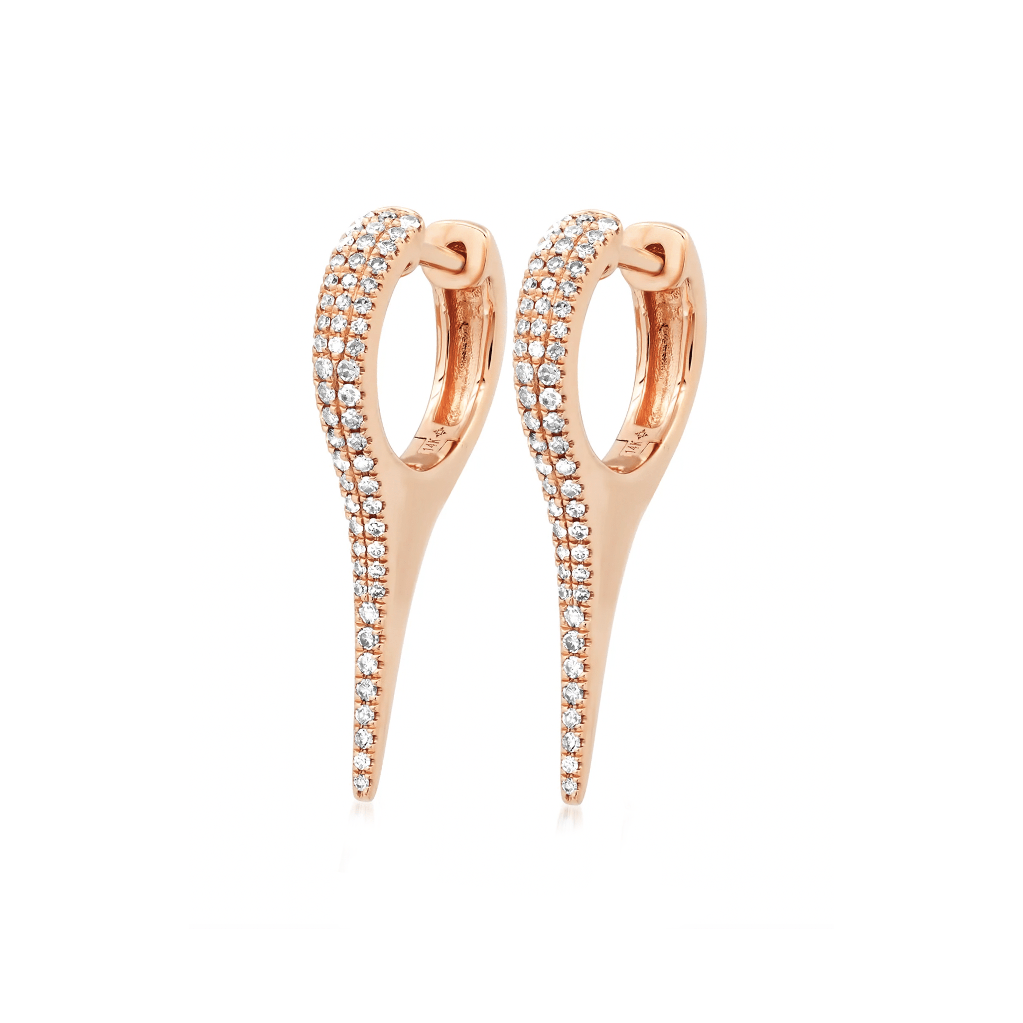 Earrings Rose Gold 14K Gold and "Pave" Diamond Dagger Hoops Earrings, Large