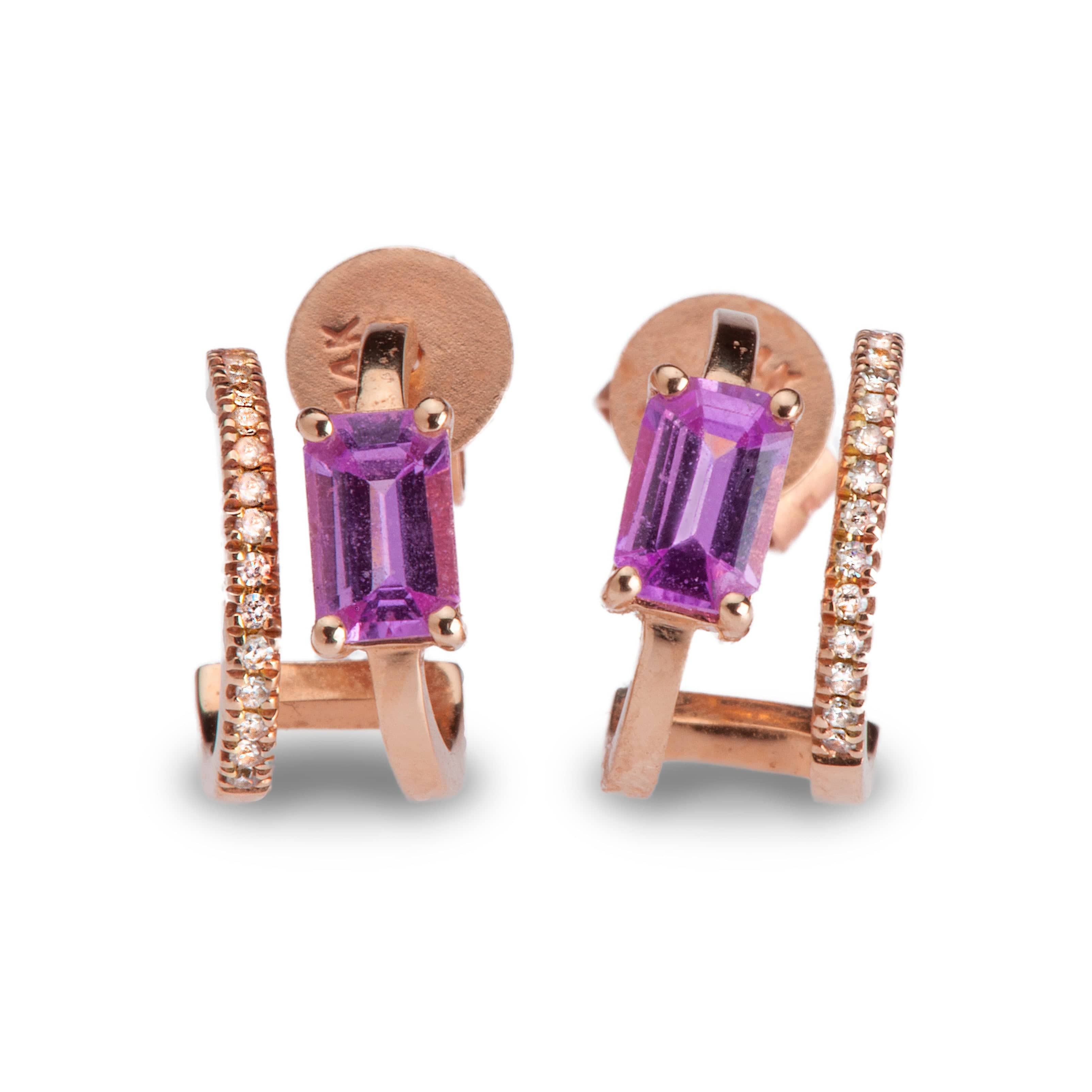 Earrings Rose Gold 14K Gold, Pink Sapphire, and Diamond Double Hoop Earrings