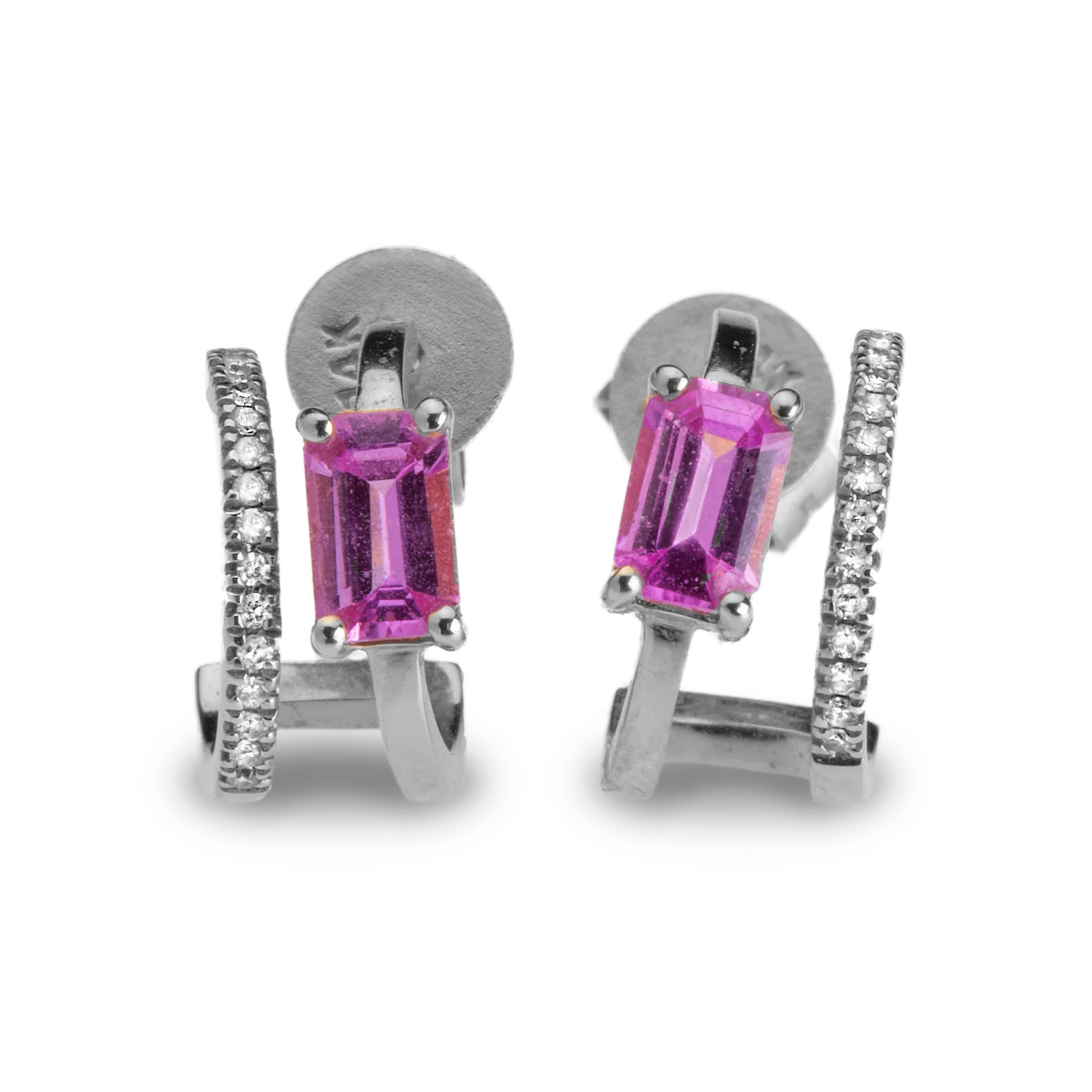 Earrings White Gold 14K Gold, Pink Sapphire, and Diamond Double Hoop Earrings