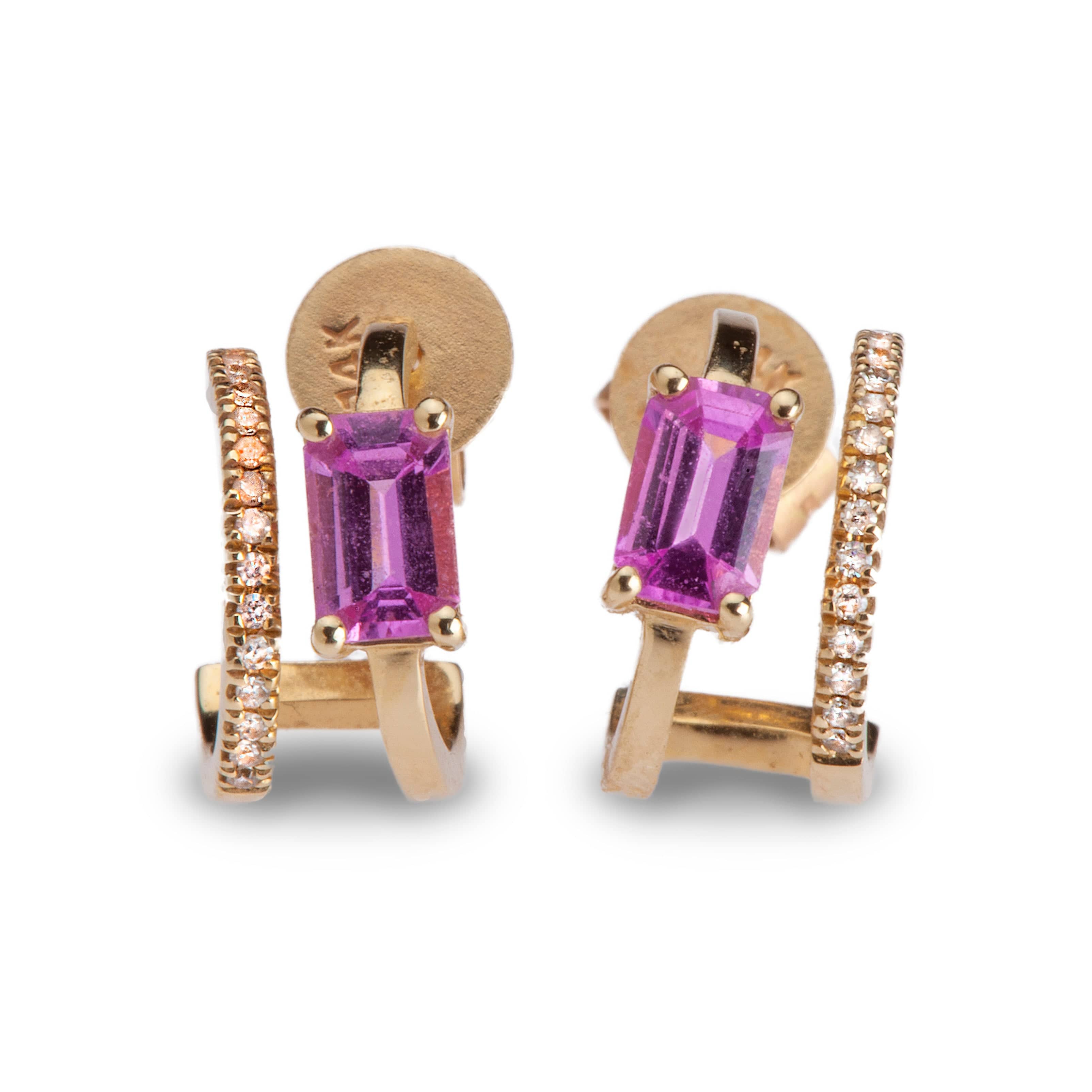 Earrings Yellow Gold 14K Gold, Pink Sapphire, and Diamond Double Hoop Earrings