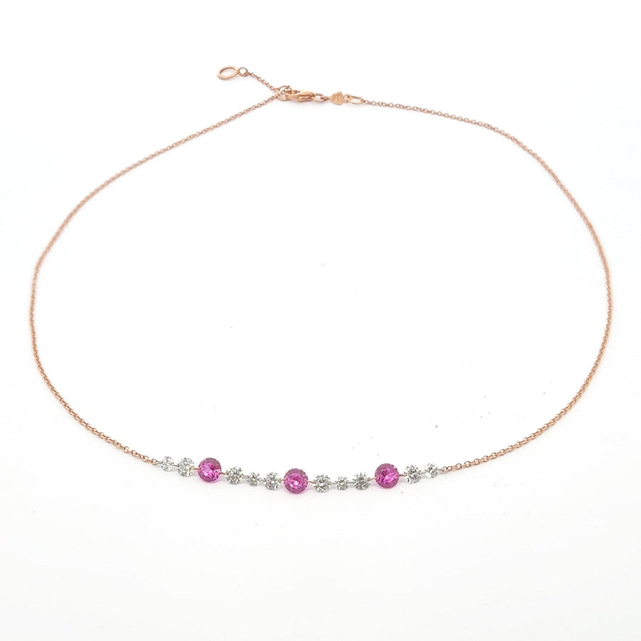 Necklace 18K Gold Invisible Set Drilled Pink Sapphire and Diamond Strand Chain Necklace