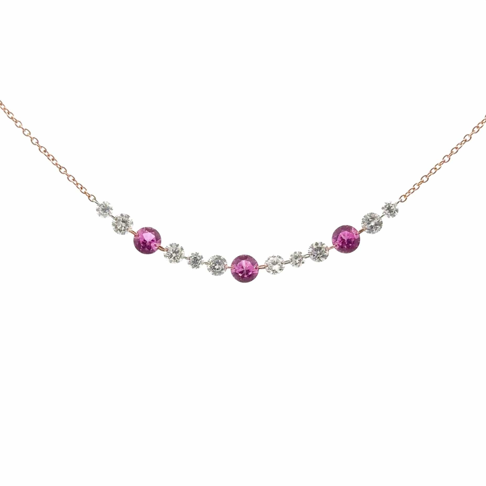 Necklace 18K Gold Invisible Set Drilled Pink Sapphire and Diamond Strand Chain Necklace