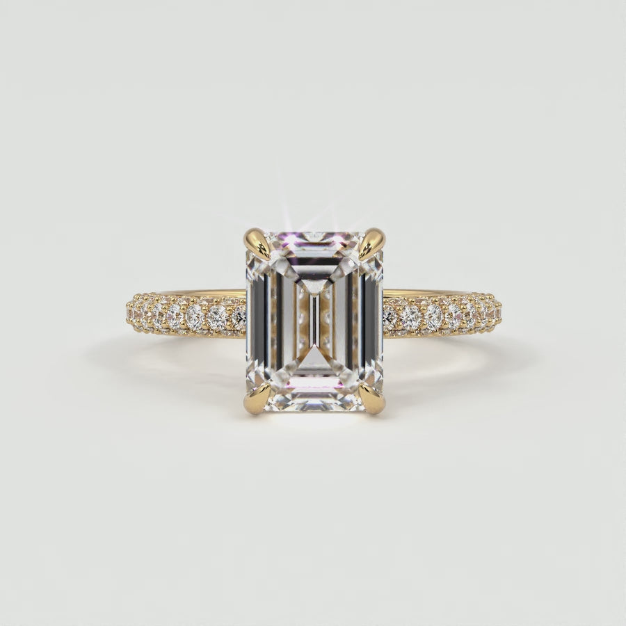 Emerald Cut Pave Diamond Hidden Halo Triple Row Band