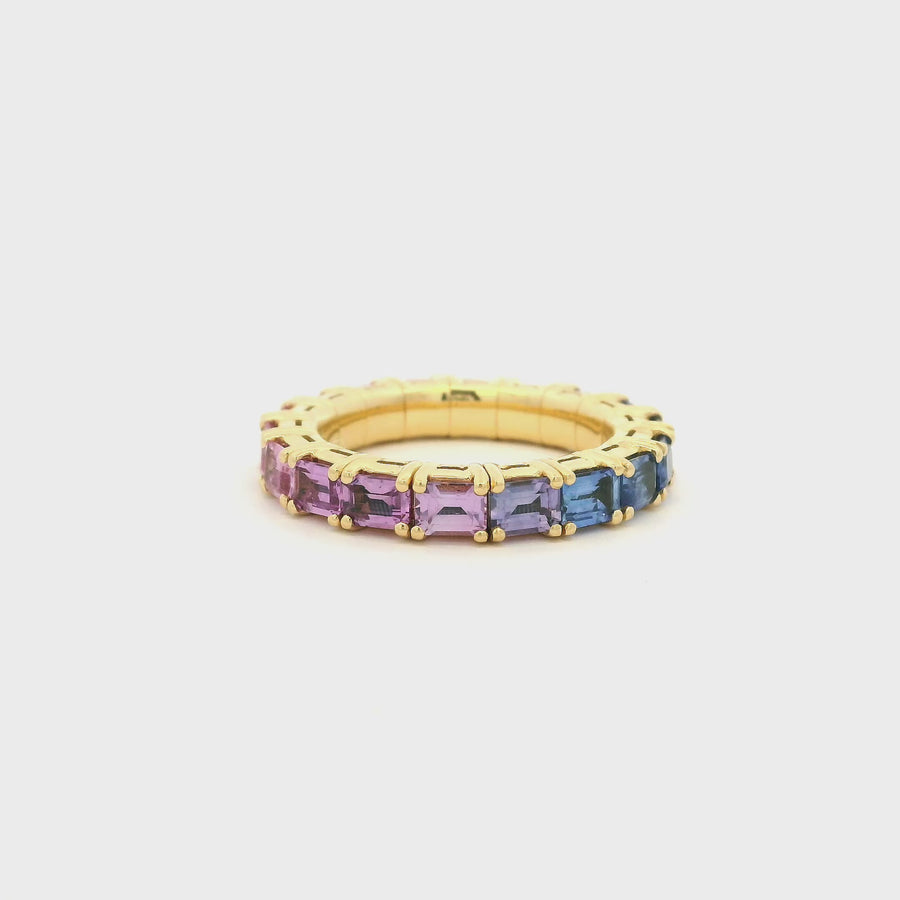 18K Gold East West Stretch & Stack Emerald Cut Blue and Pink Sapphire Eternity Rings
