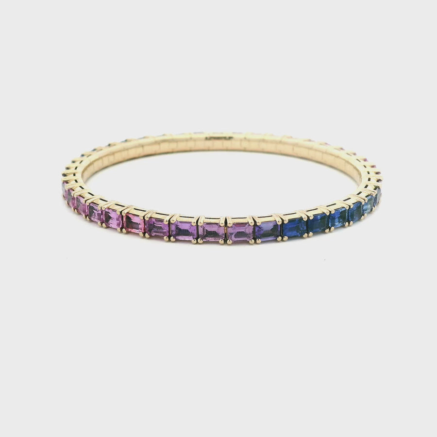 18K Gold Stretch Emerald Cut Ombre Blue and Pink Sapphire Tennis Bracelet