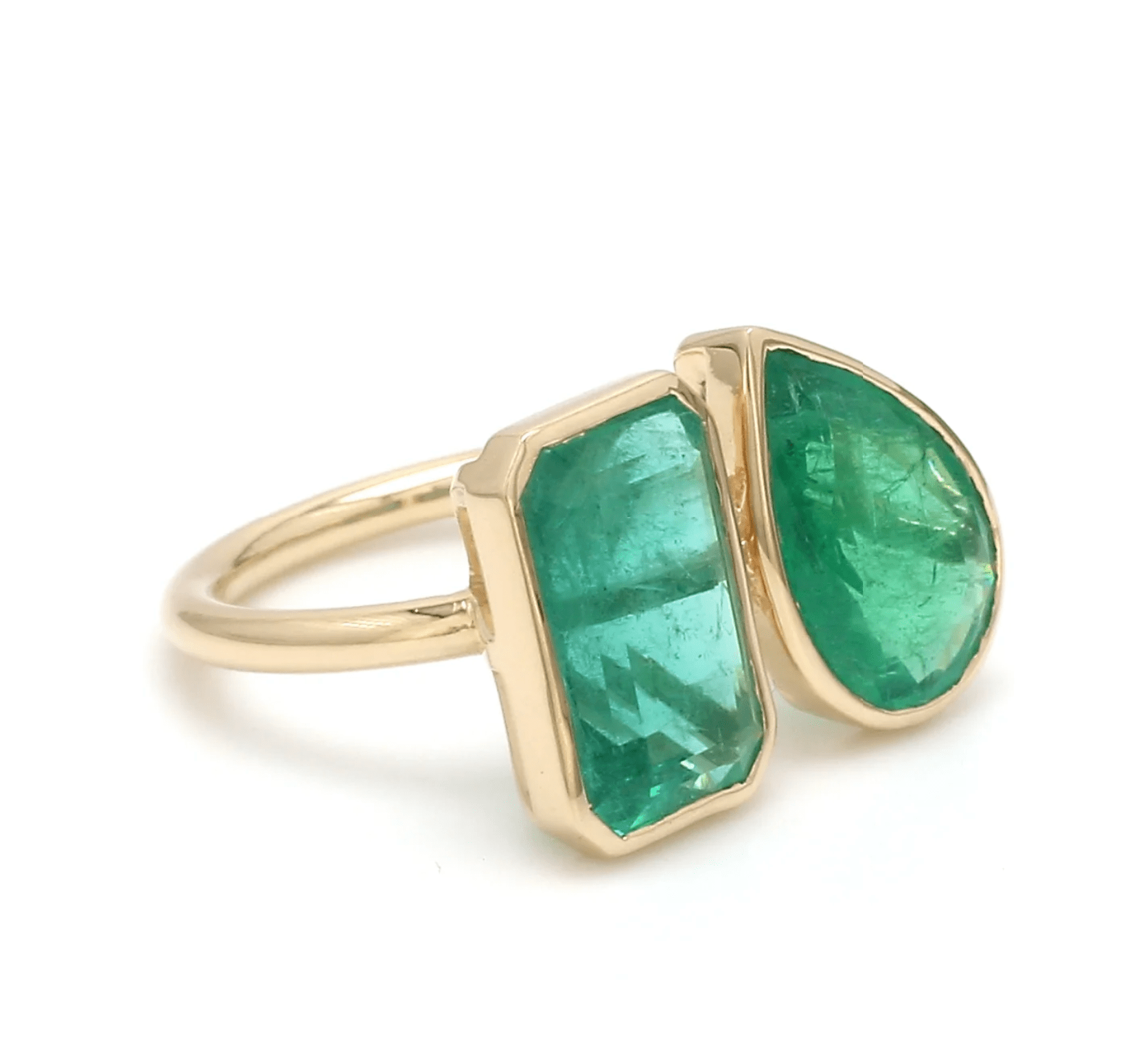 Rings 14K & 18K Gold Emerald Double Stone Bezel Ring, Emerald & Pear cuts