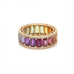 Rings 14K or 18K Gold Cushion Cut Rainbow Sapphire and double Pave Diamond Eternity Band