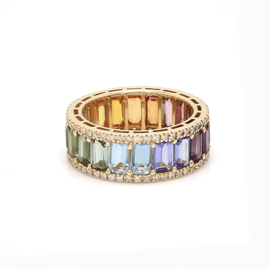 Rings 14K or 18K Gold Cushion Cut Rainbow Sapphire and double Pave Diamond Eternity Band