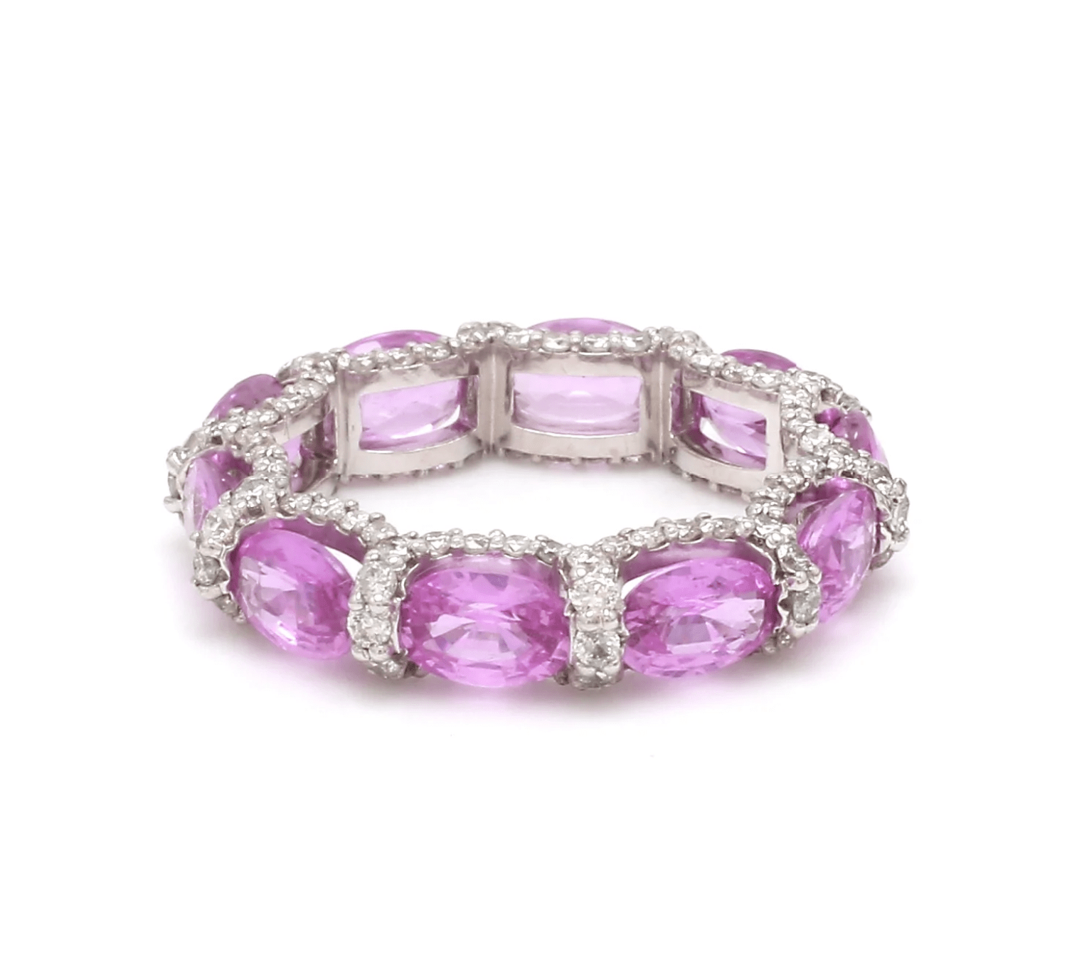 Rings 14K or 18K Gold Oval East West Pink Sapphire and Pave 360 Diamond Eternity Band