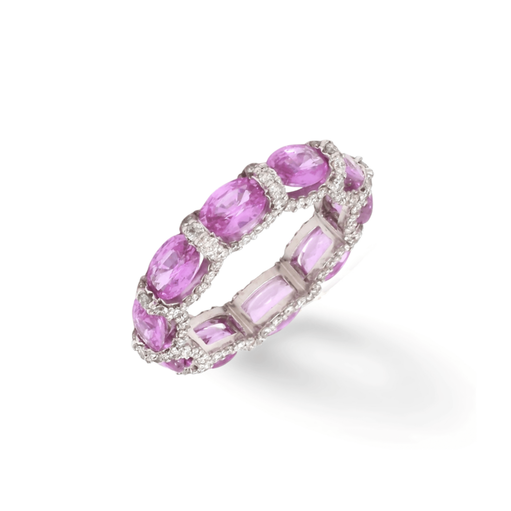 Rings 14K or 18K Gold Oval East West Pink Sapphire and Pave 360 Diamond Eternity Band