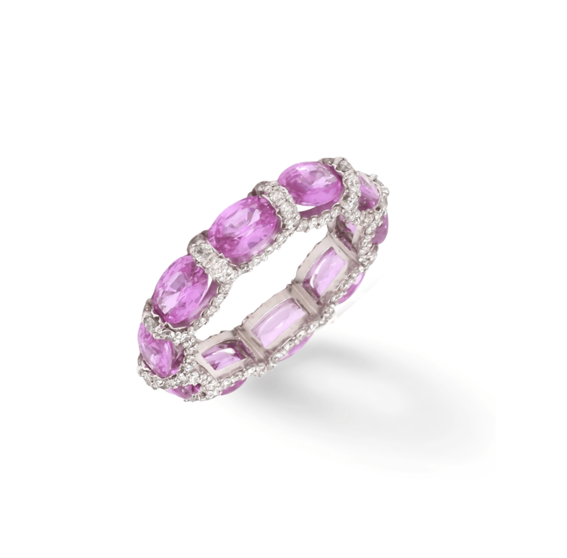 Rings 14K or 18K Gold Oval East West Pink Sapphire and Pave 360 Diamond Eternity Band