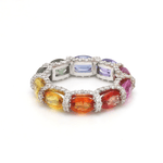 Rings 14K or 18K Gold Oval East West Rainbow Sapphire and Pave 360 Diamond Eternity Band