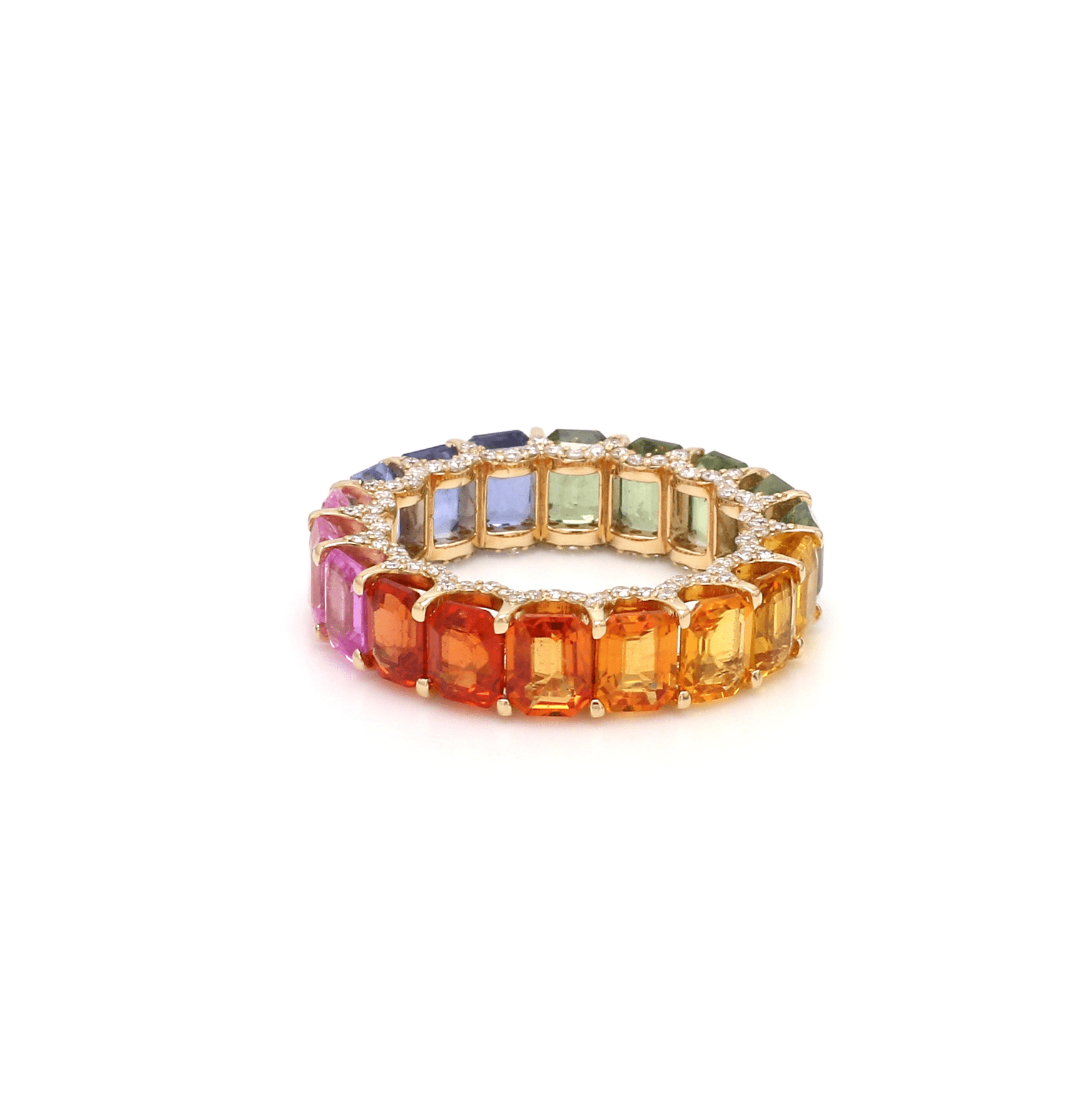 Rings 14K or 18K Gold Rainbow Sapphire and Pave Diamond Eternity Band