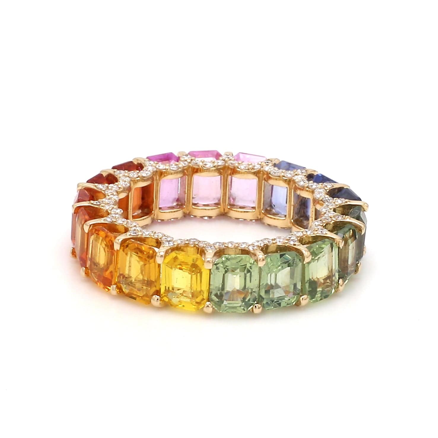 Rings 14K or 18K Gold Rainbow Sapphire and Pave Diamond Eternity Band