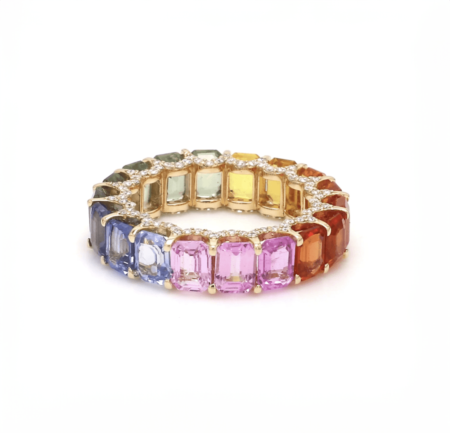Rings 14K or 18K Gold Rainbow Sapphire and Pave Diamond Eternity Band