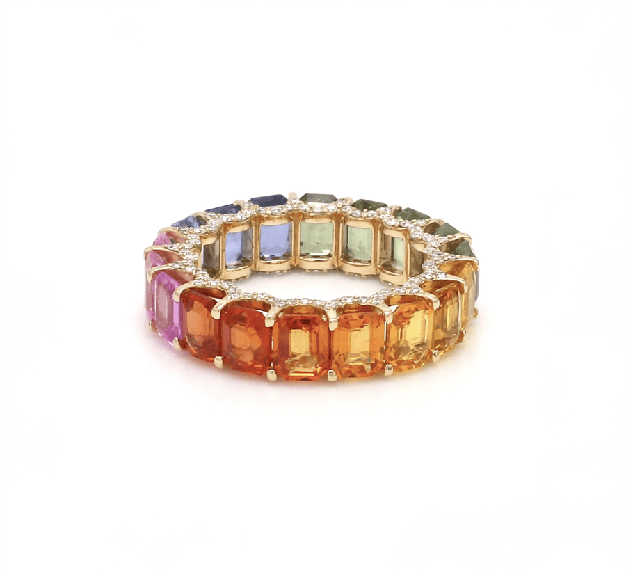 Rings 14K or 18K Gold Rainbow Sapphire and Pave Diamond Eternity Band