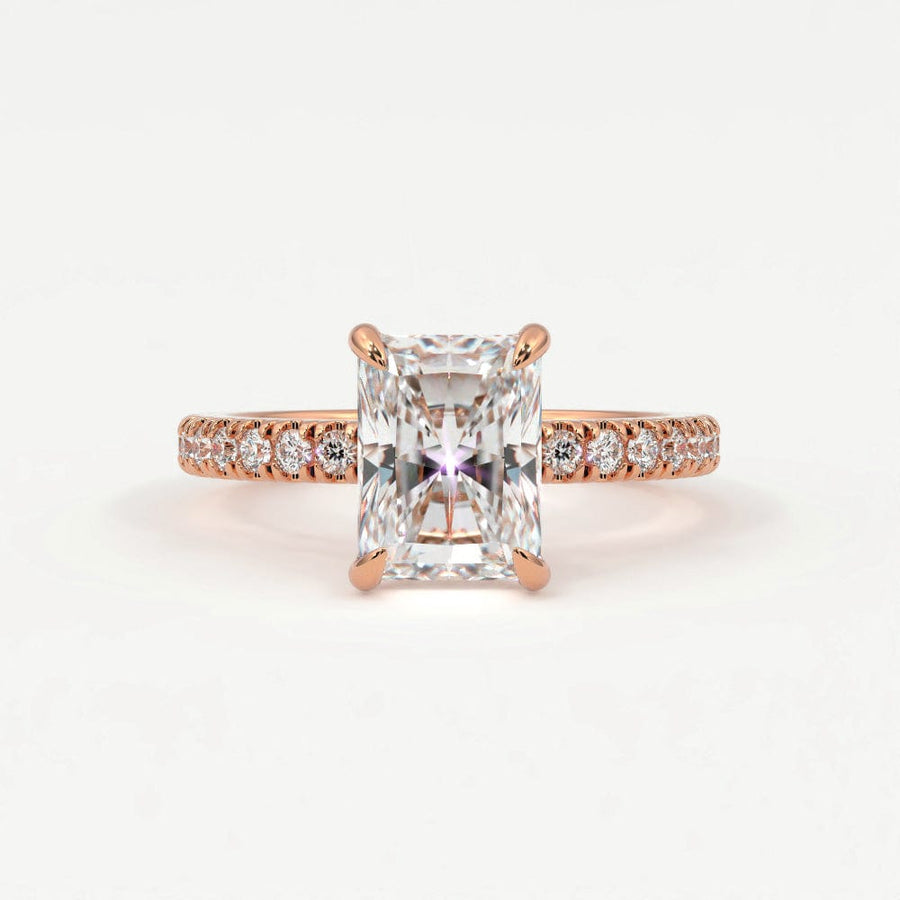 Rings 14K Rose Gold / 10.5 Radiant Cut Pave Diamond Single Row, Hidden Halo