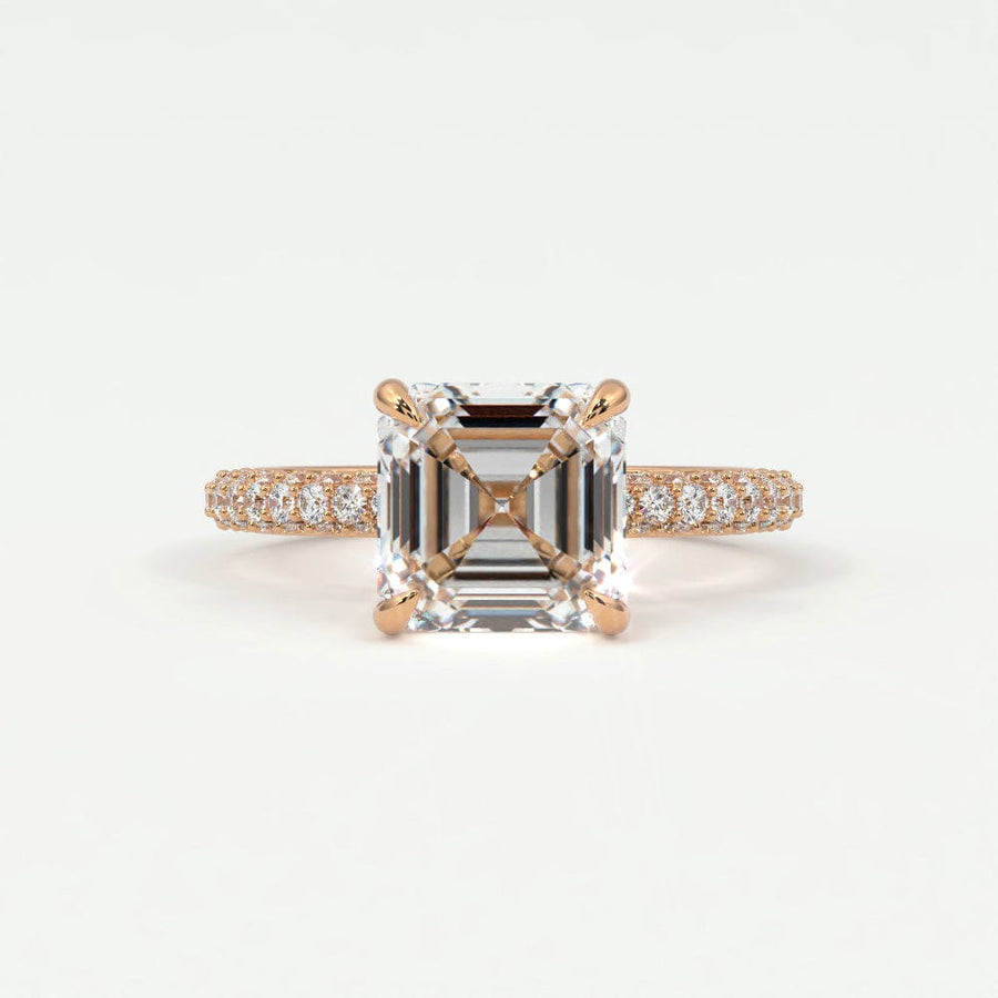 Rings 14K Rose Gold / 7 Asscher Cut Pave Diamond Hidden Halo Triple Row Band, 360