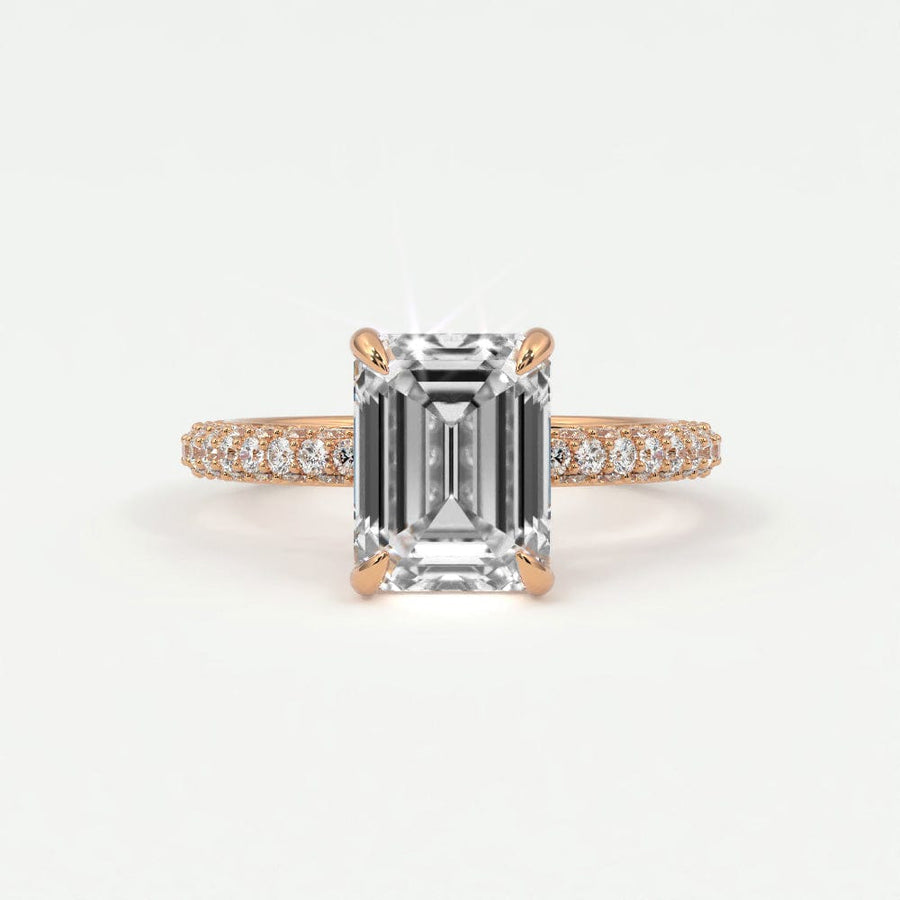 Rings 14K Rose Gold / 7 Emerald Cut Pave Diamond Hidden Halo Triple Row Band