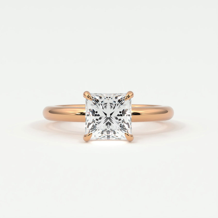 Rings 14K Rose Gold / 7 Princess Cut Pave Diamond Hidden Halo, Gold Band