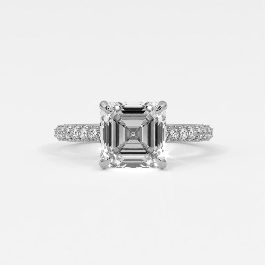 Rings 14K White Gold / 7 Asscher Cut Pave Diamond Hidden Halo Triple Row Band, 360