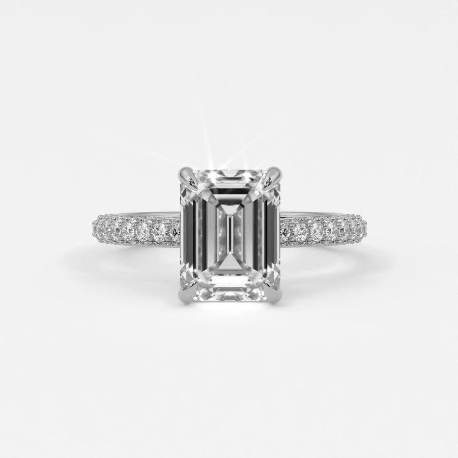 Rings 14K White Gold / 7 Emerald Cut Pave Diamond Hidden Halo Triple Row Band