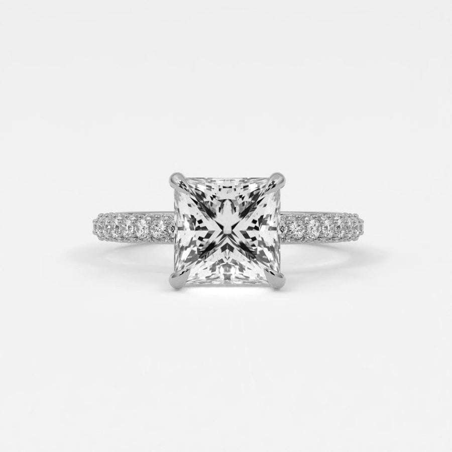 Rings 14K White Gold / 7 Princess Pave Diamond Hidden Halo Triple Row Band, 360