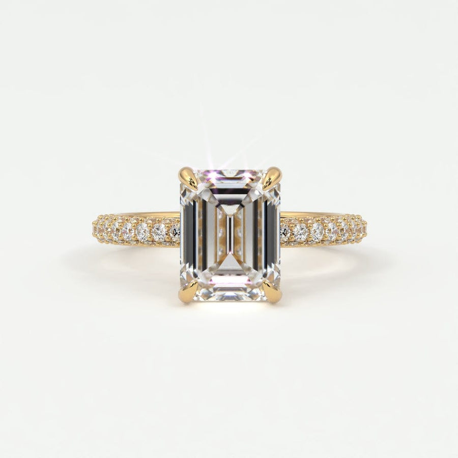 Rings 14K Yellow Gold / 7 Emerald Cut Pave Diamond Hidden Halo Triple Row Band