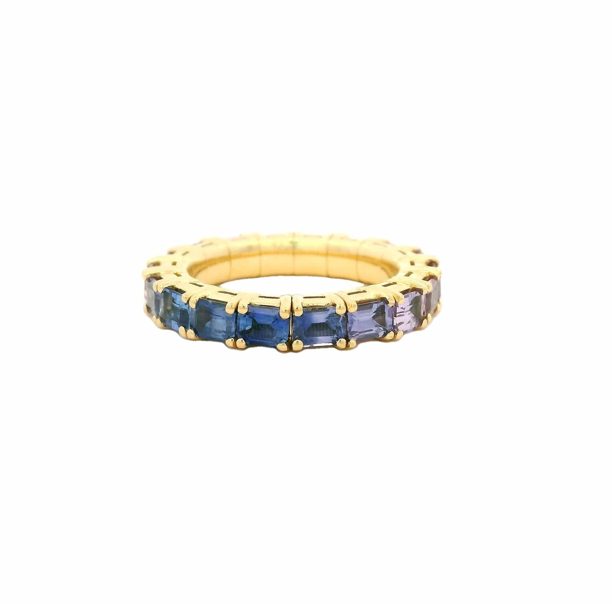 Rings 18K Gold East West Stretch & Stack Emerald Cut Blue and Pink Sapphire Eternity Rings