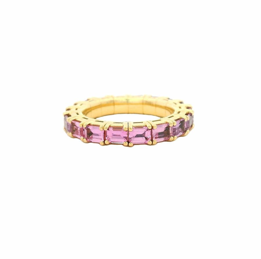 Rings 18K Gold East West Stretch & Stack Emerald Cut Blue and Pink Sapphire Eternity Rings