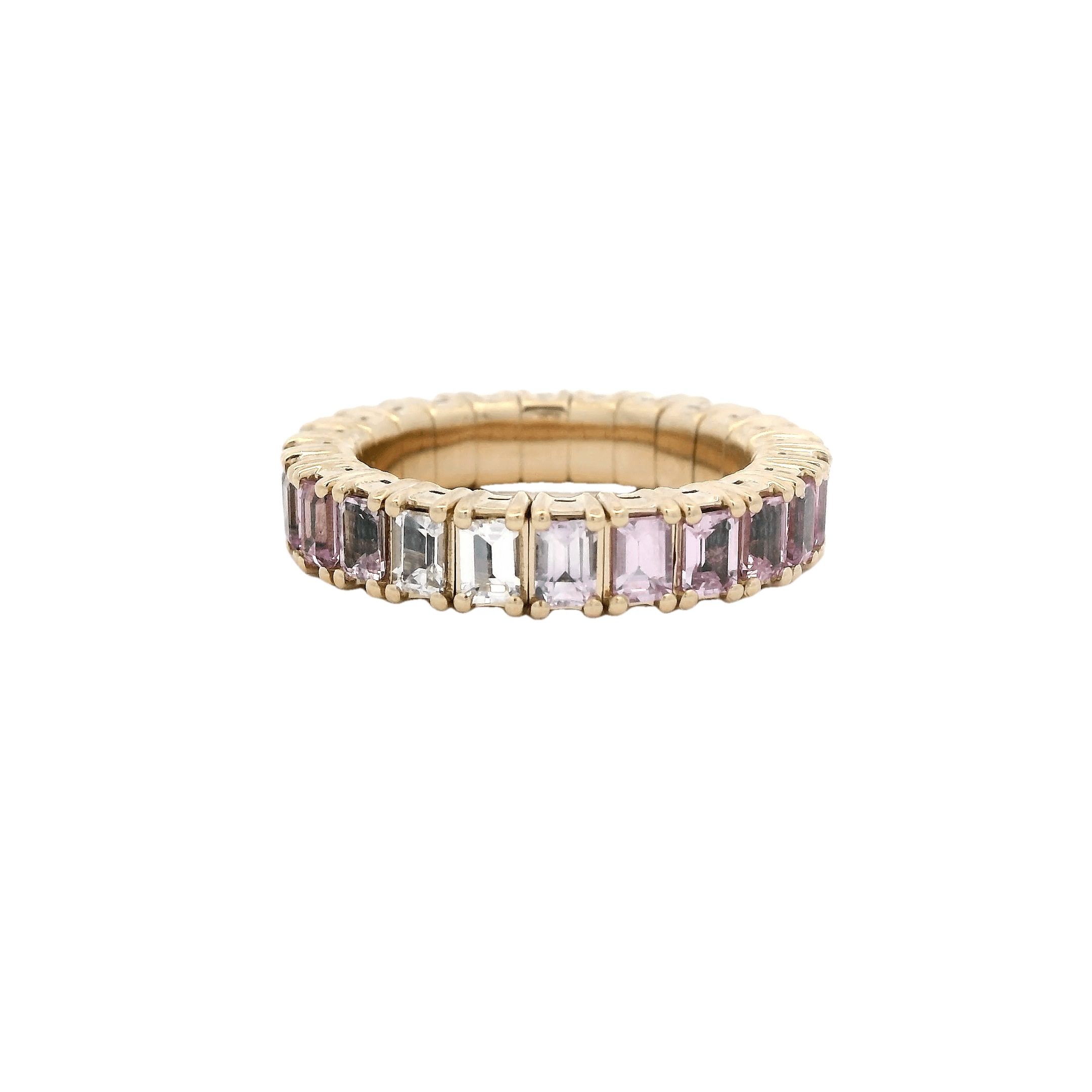 Rings 18K Gold Stretch Emerald Cut Pink Sapphire Eternity Ring